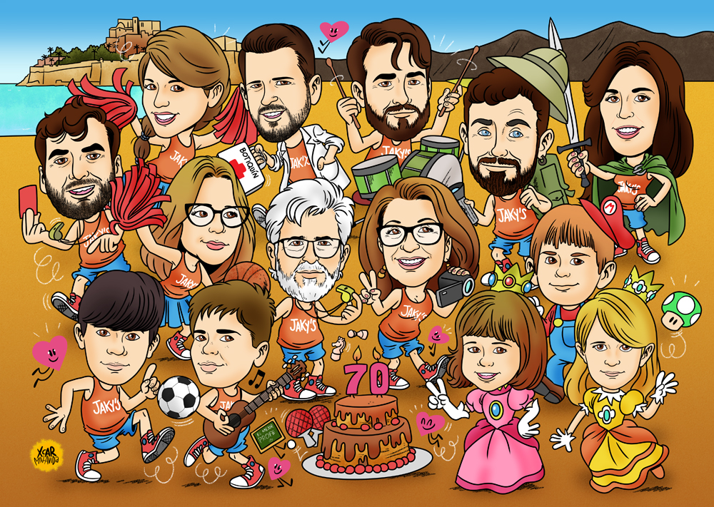 Caricatura de una familia como regalo de cumpleaños, por XCAR Malavida.